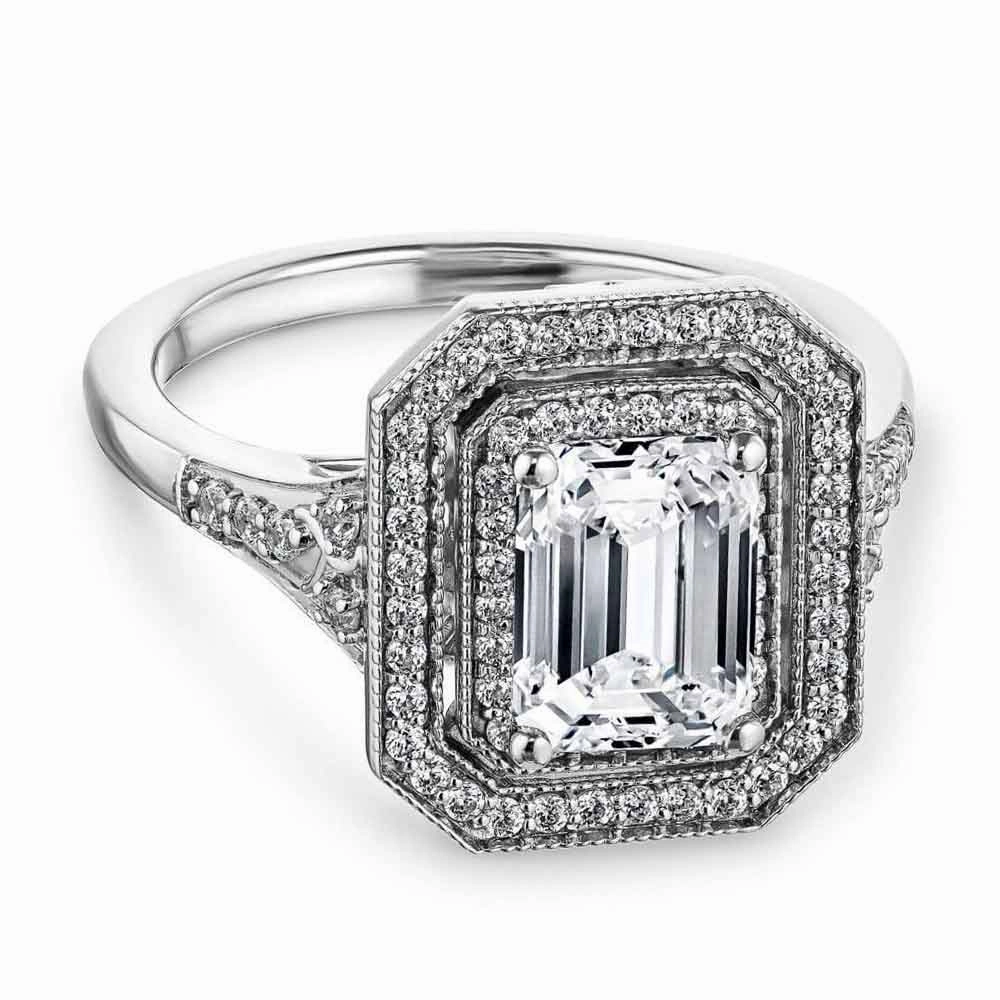 Superior Article Genevieve Emerald Lab Grown Diamond Vintage Frame Double Halo Engagement Ring