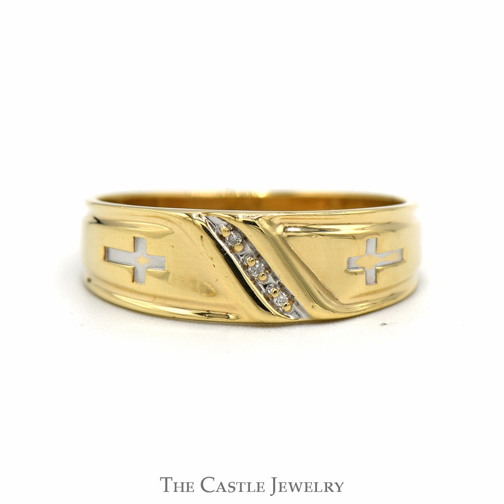 Special Occasion Eternal Expression Gent's Diamond Wedding Band With Cross Design .01 CTTW 10KT Yellow And White Gold