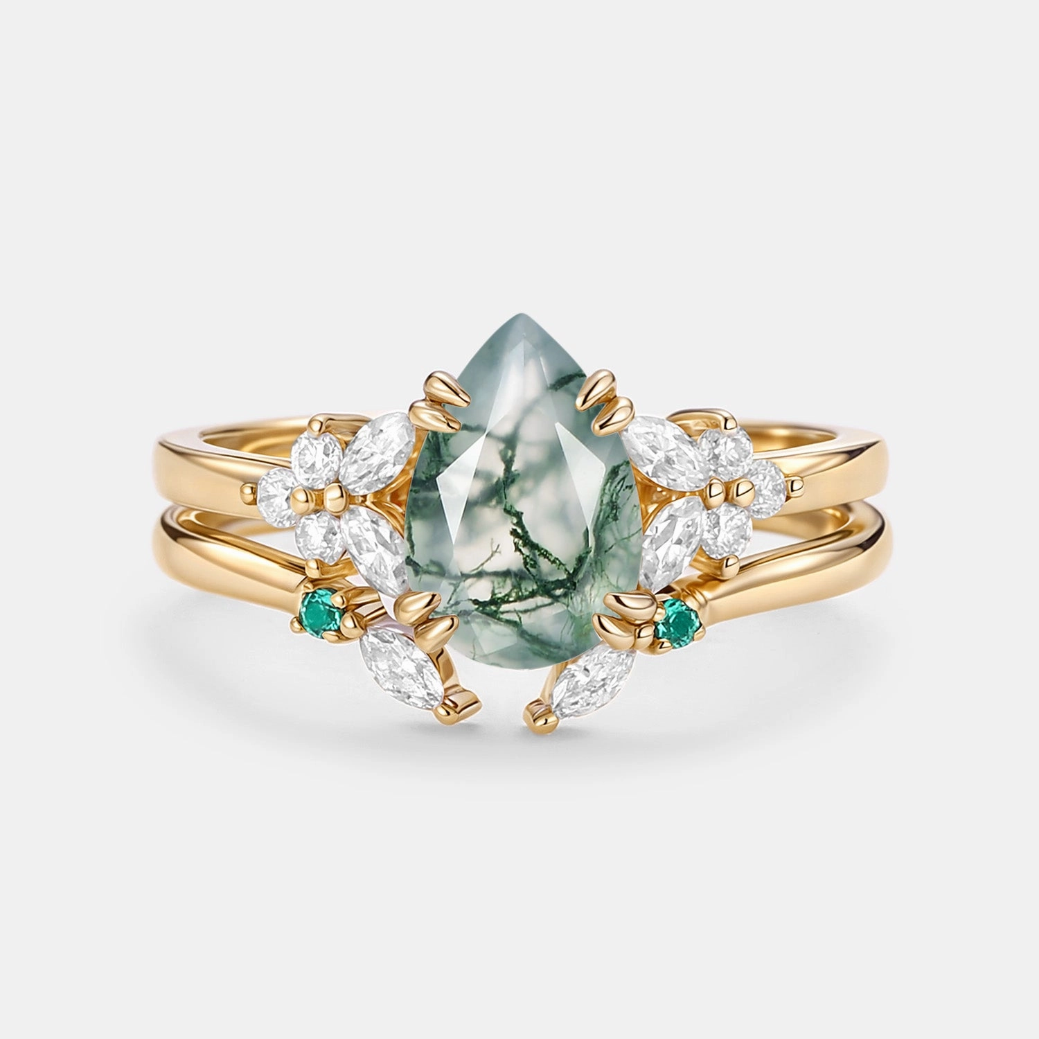 Comfort Mood Glamorous Jewelry Cluster Pear Shaped Moss Agate Chevron Gold Ring Set 2pcs - Anya