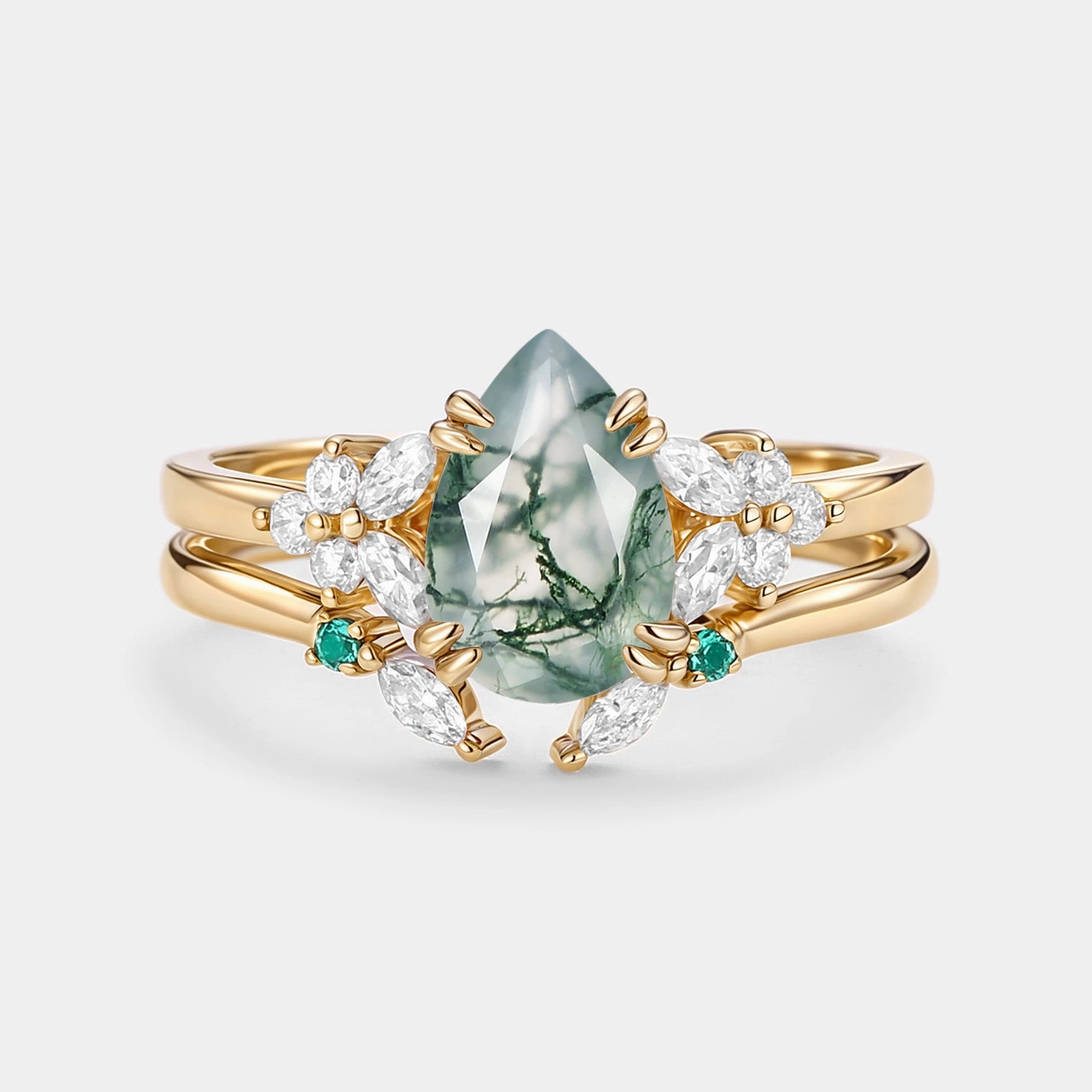 Cluster Pear Shaped Moss Agate Chevron Gold Ring Set 2pcs - Anya Striking Detail Glamorous Accent