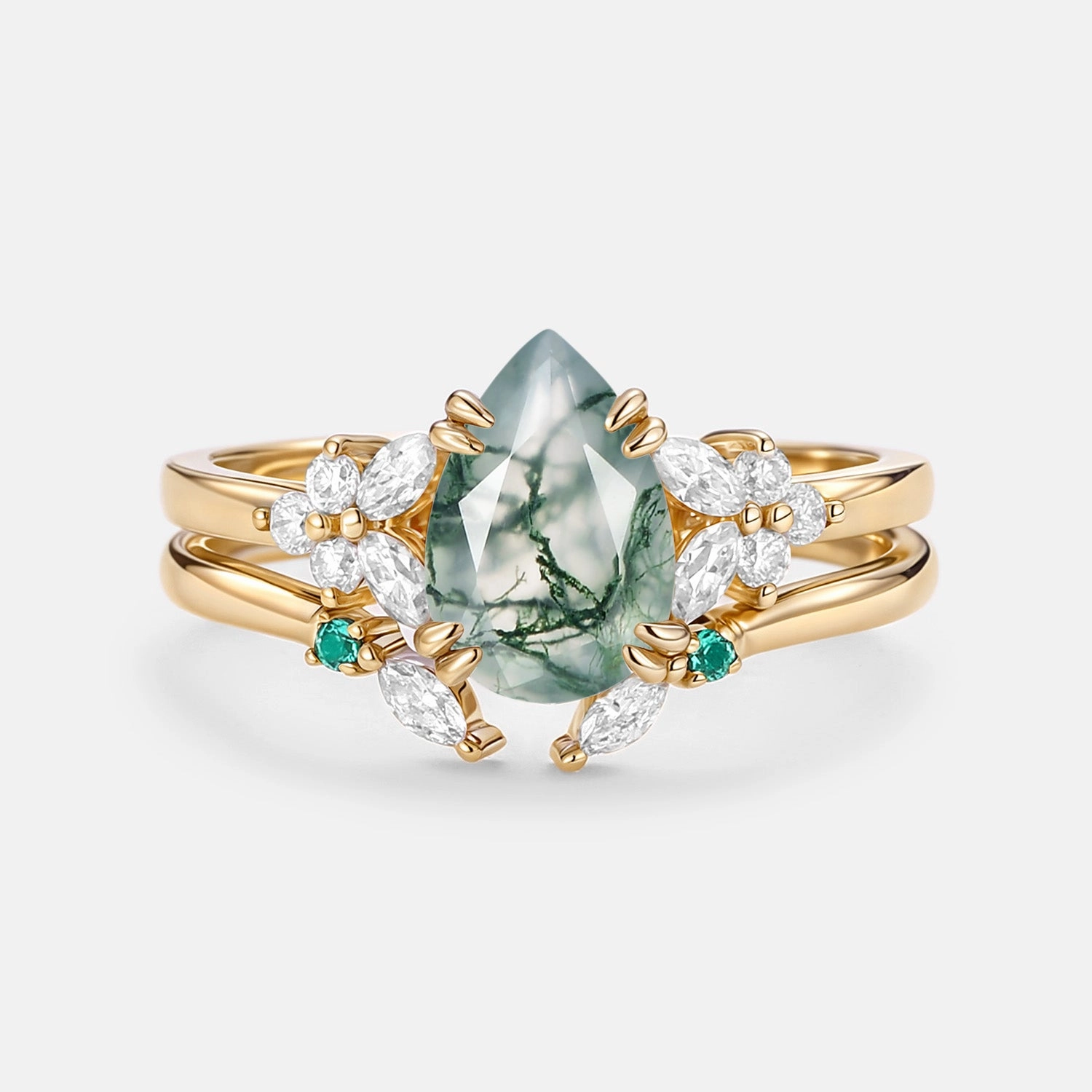 Cozy Layers Premium Touch Cluster Pear Shaped Moss Agate Chevron Gold Ring Set 2pcs - Anya