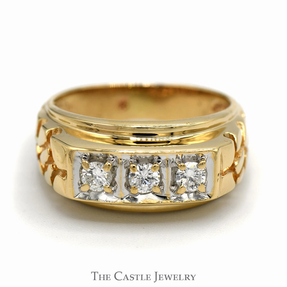 Gents 3 Diamond Ring in 14K Yellow Gold Nugget Mounting Economical Design