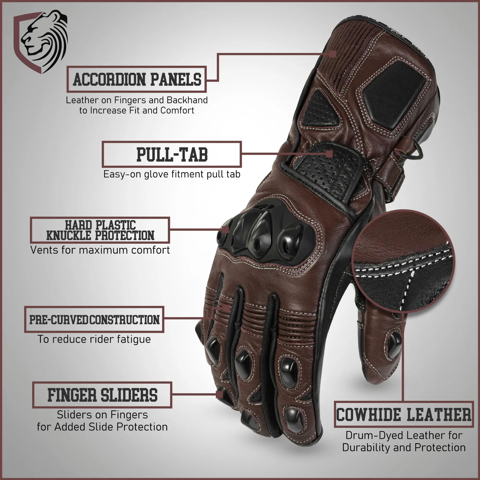 Genuine Leather Full Gauntlet Motorcycle Gloves - Black