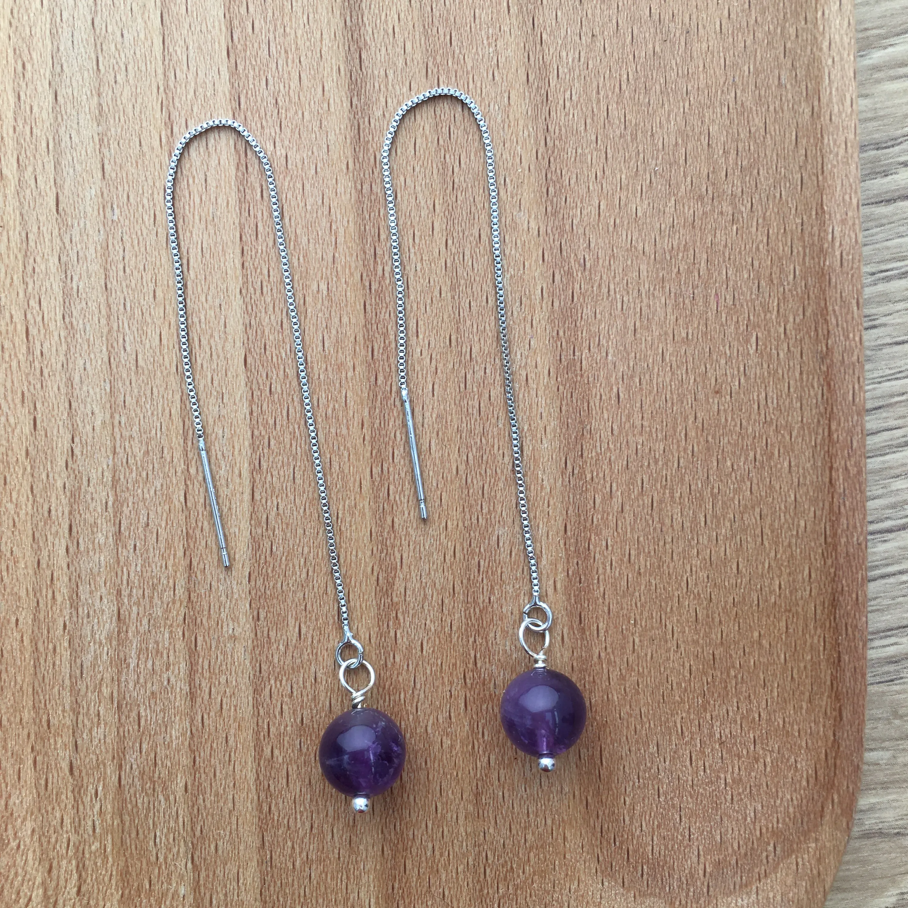 Genuine Natural Amethyst Silver Plated Threader Earrings, Pair