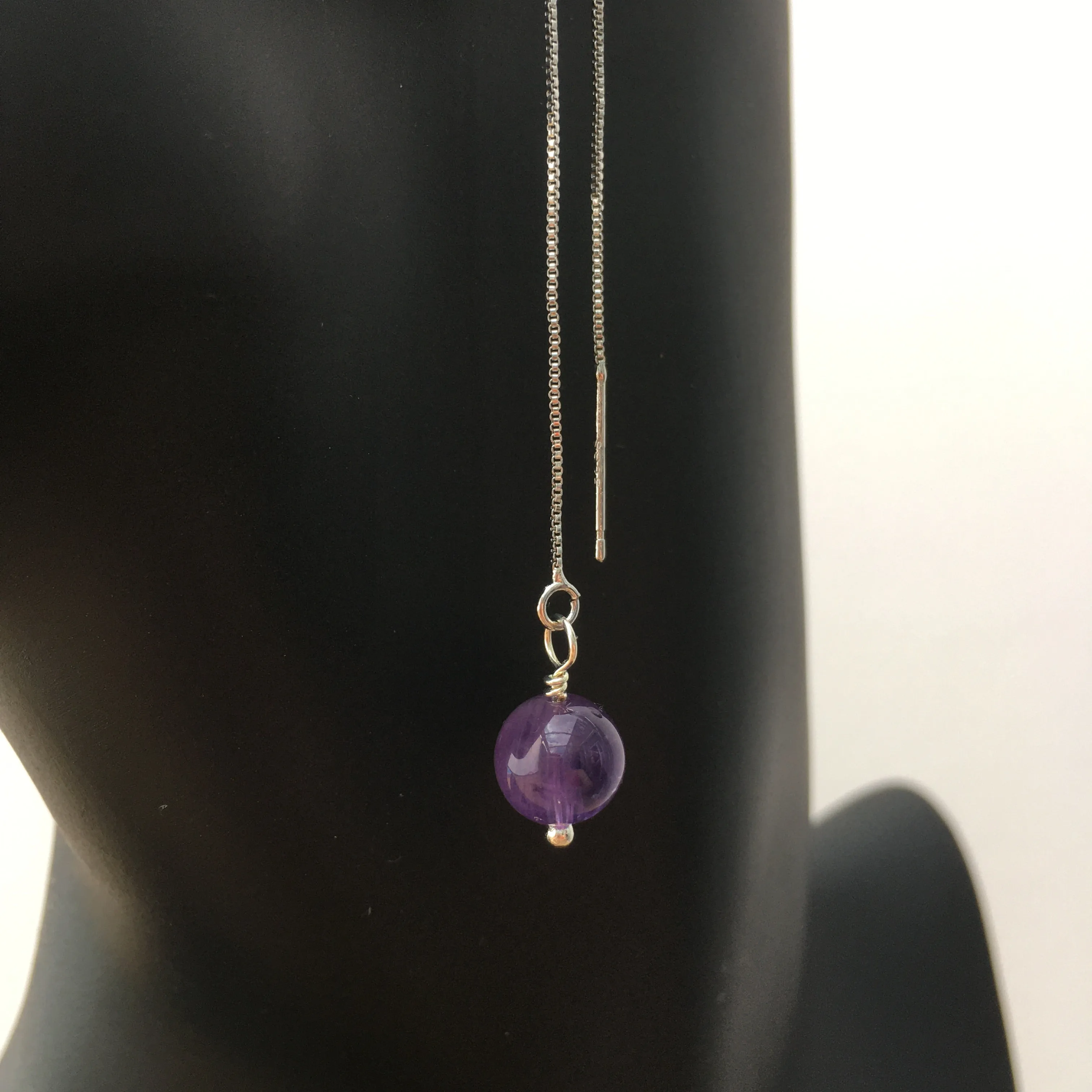 Genuine Natural Amethyst Silver Plated Threader Earrings, Pair