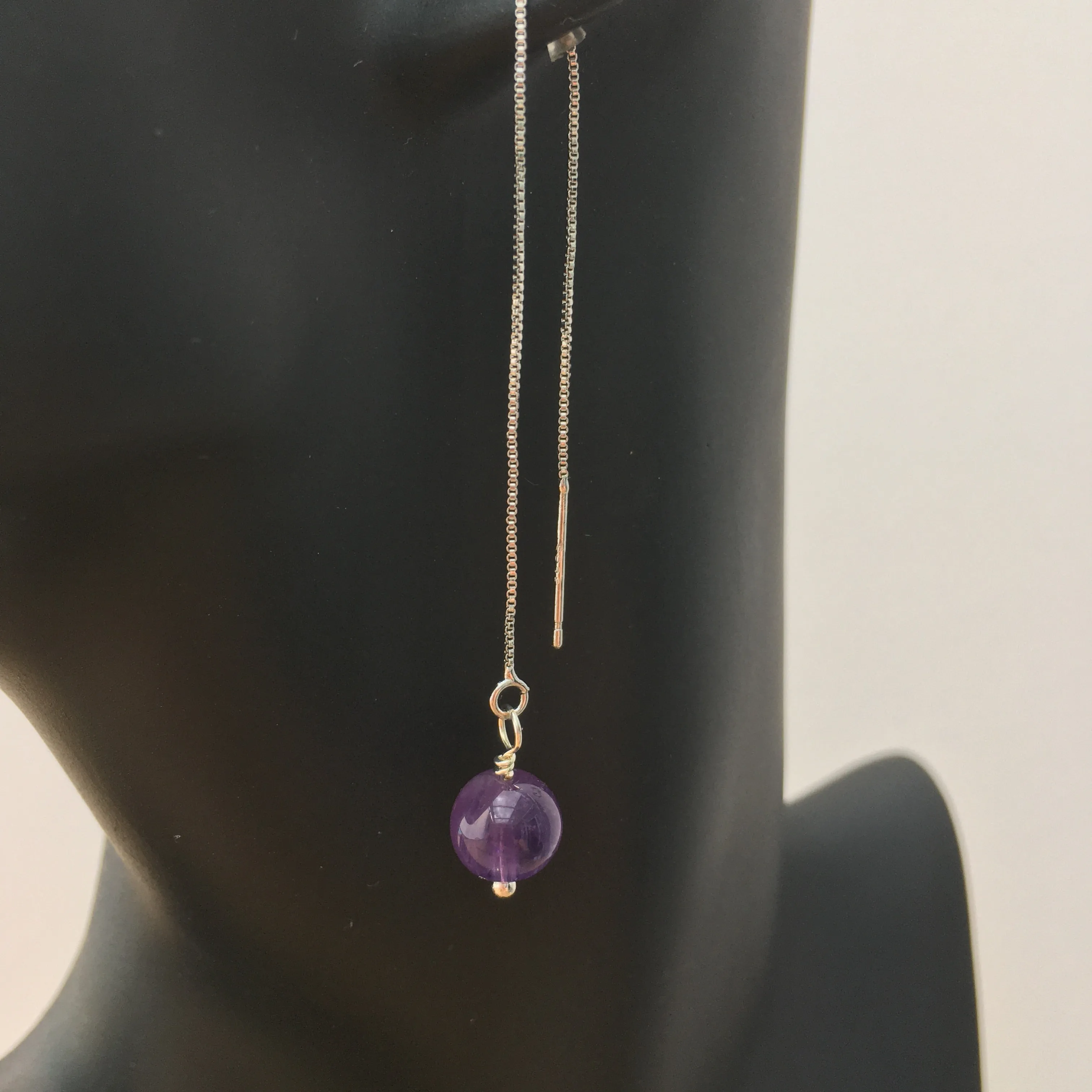 Genuine Natural Amethyst Silver Plated Threader Earrings, Pair