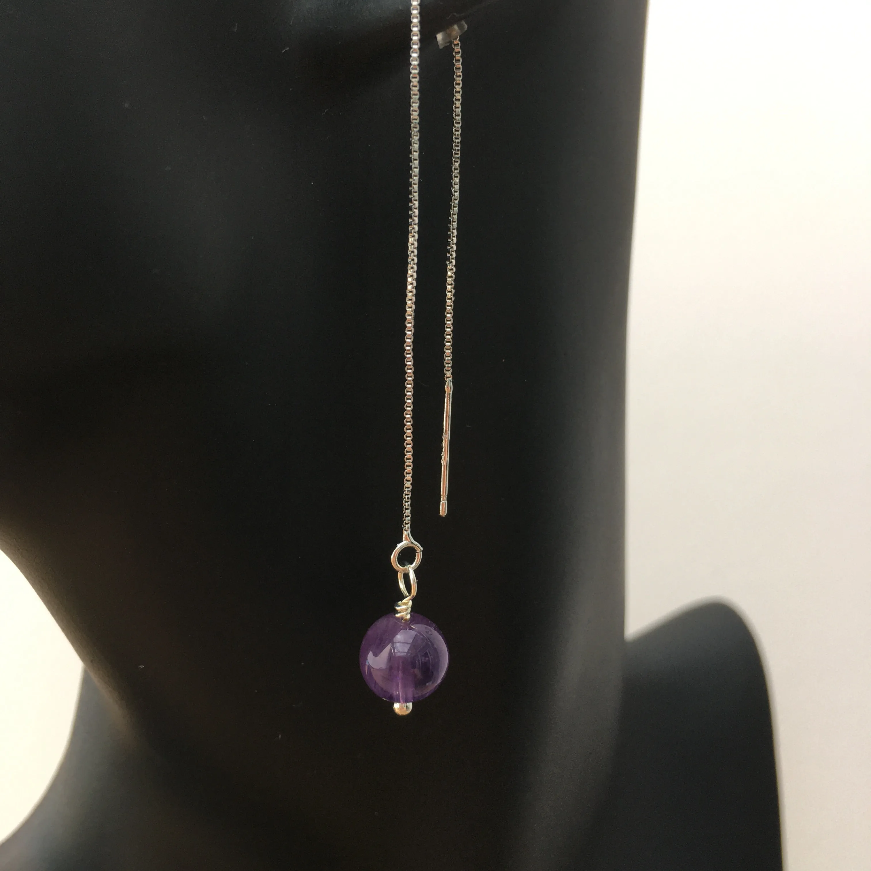 Genuine Natural Amethyst Silver Plated Threader Earrings, Pair