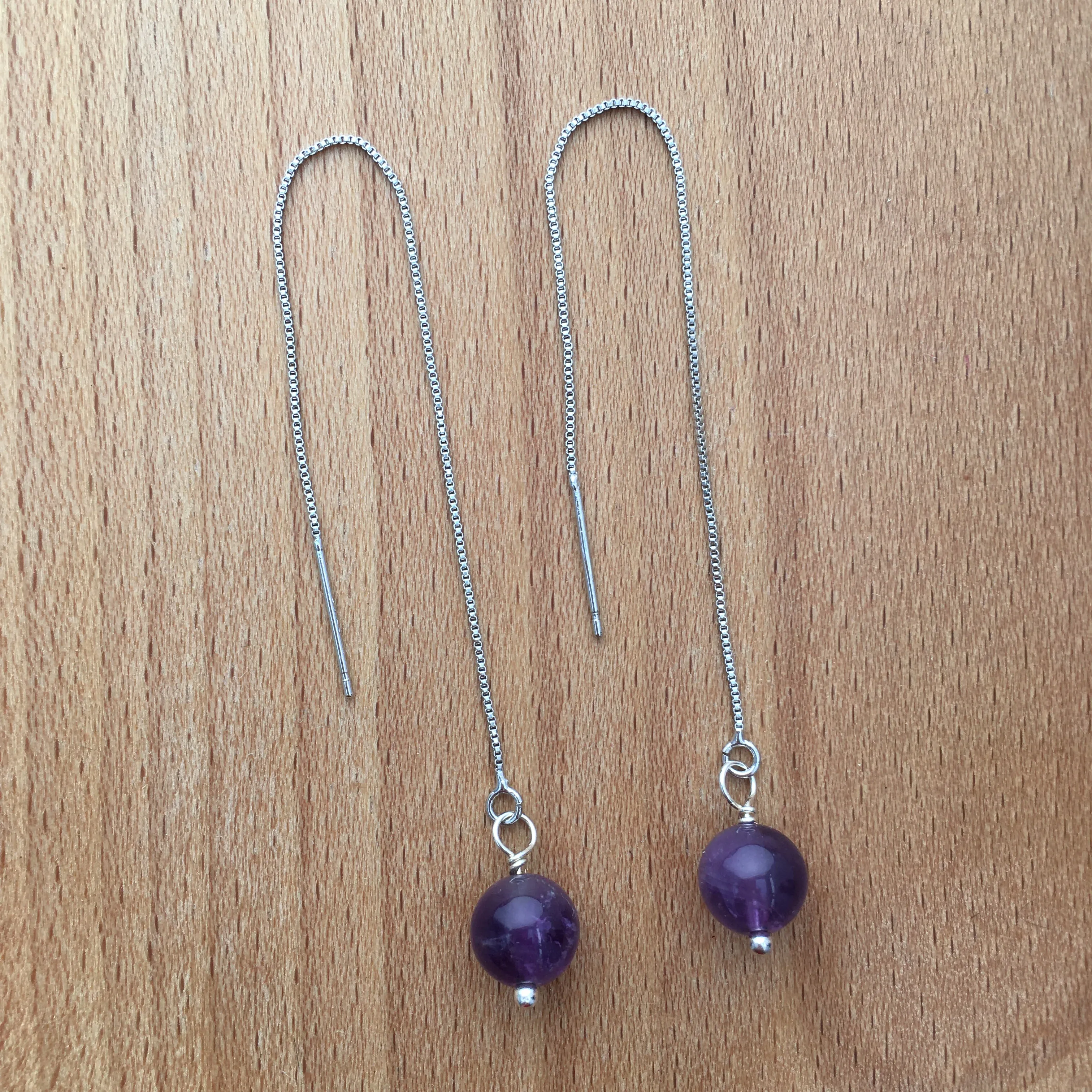 Genuine Natural Amethyst Silver Plated Threader Earrings, Pair