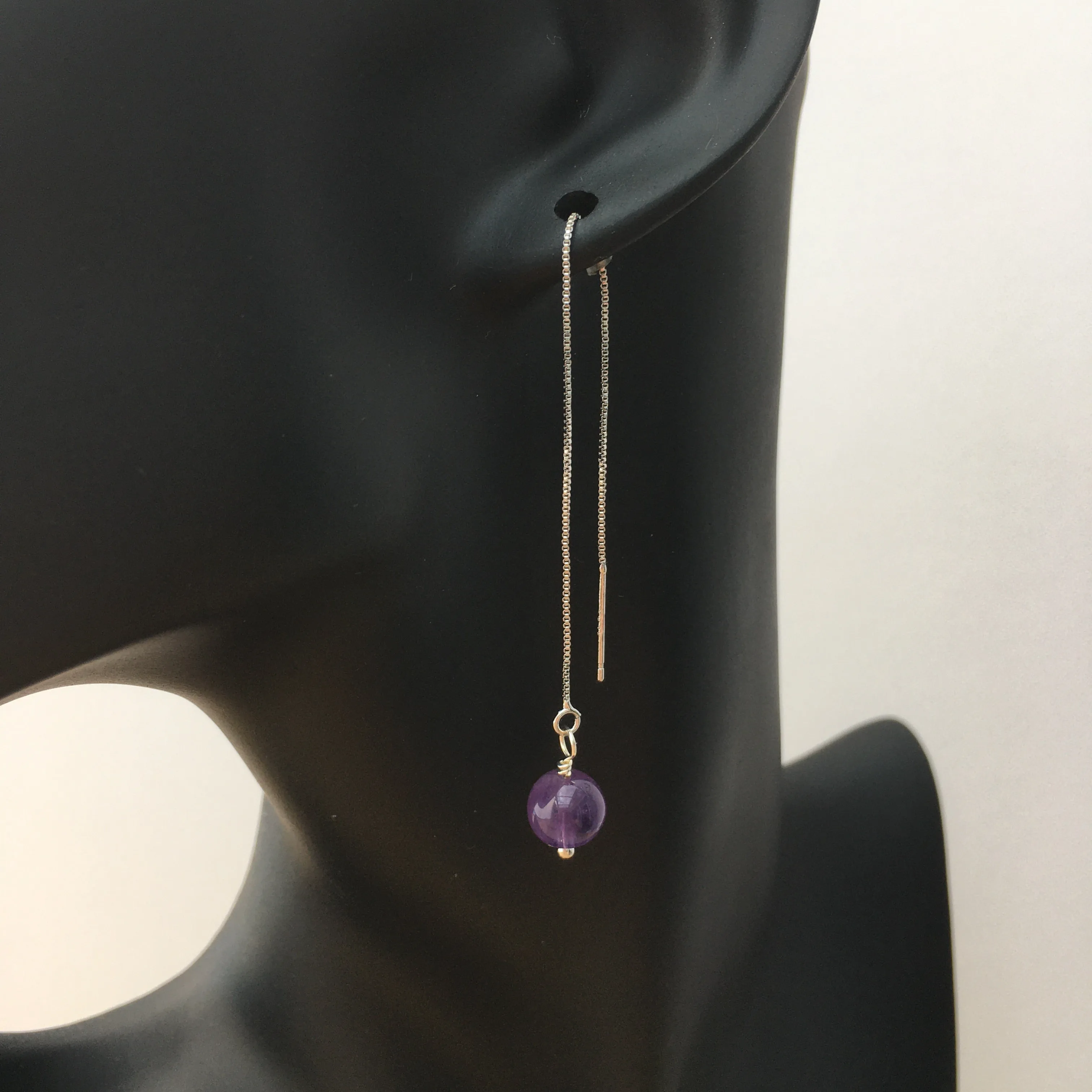 Genuine Natural Amethyst Silver Plated Threader Earrings, Pair