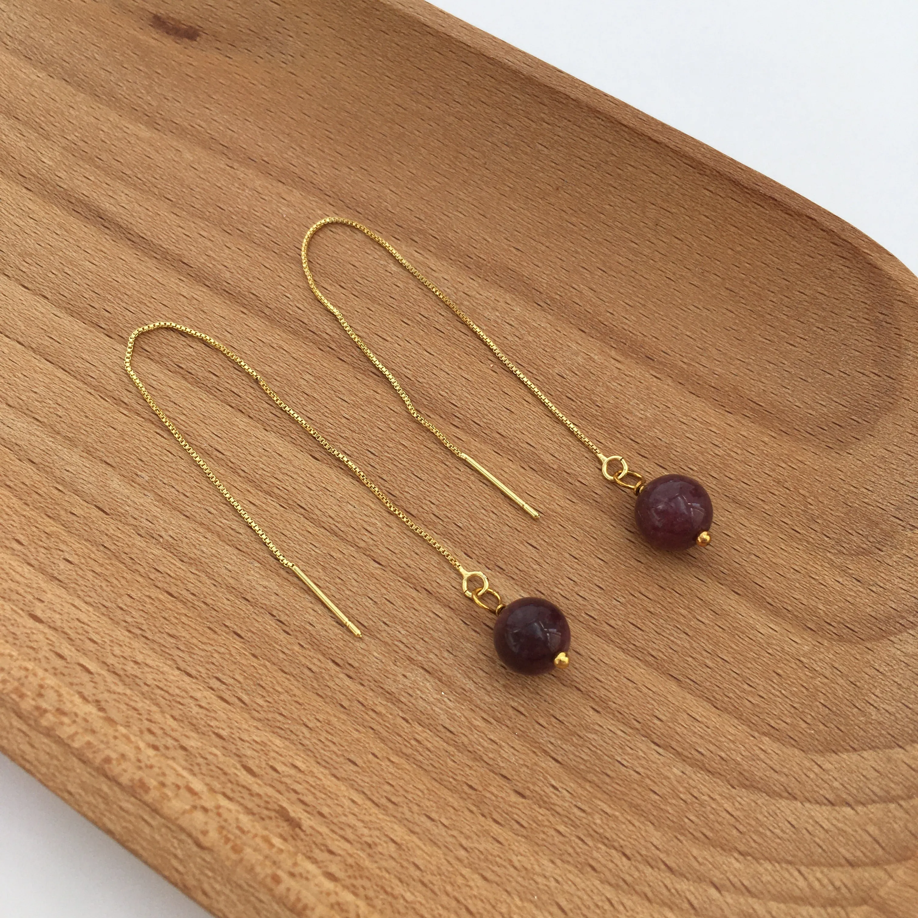 Genuine Natural Lepidolite Gold Plated Threader Earrings, Pair