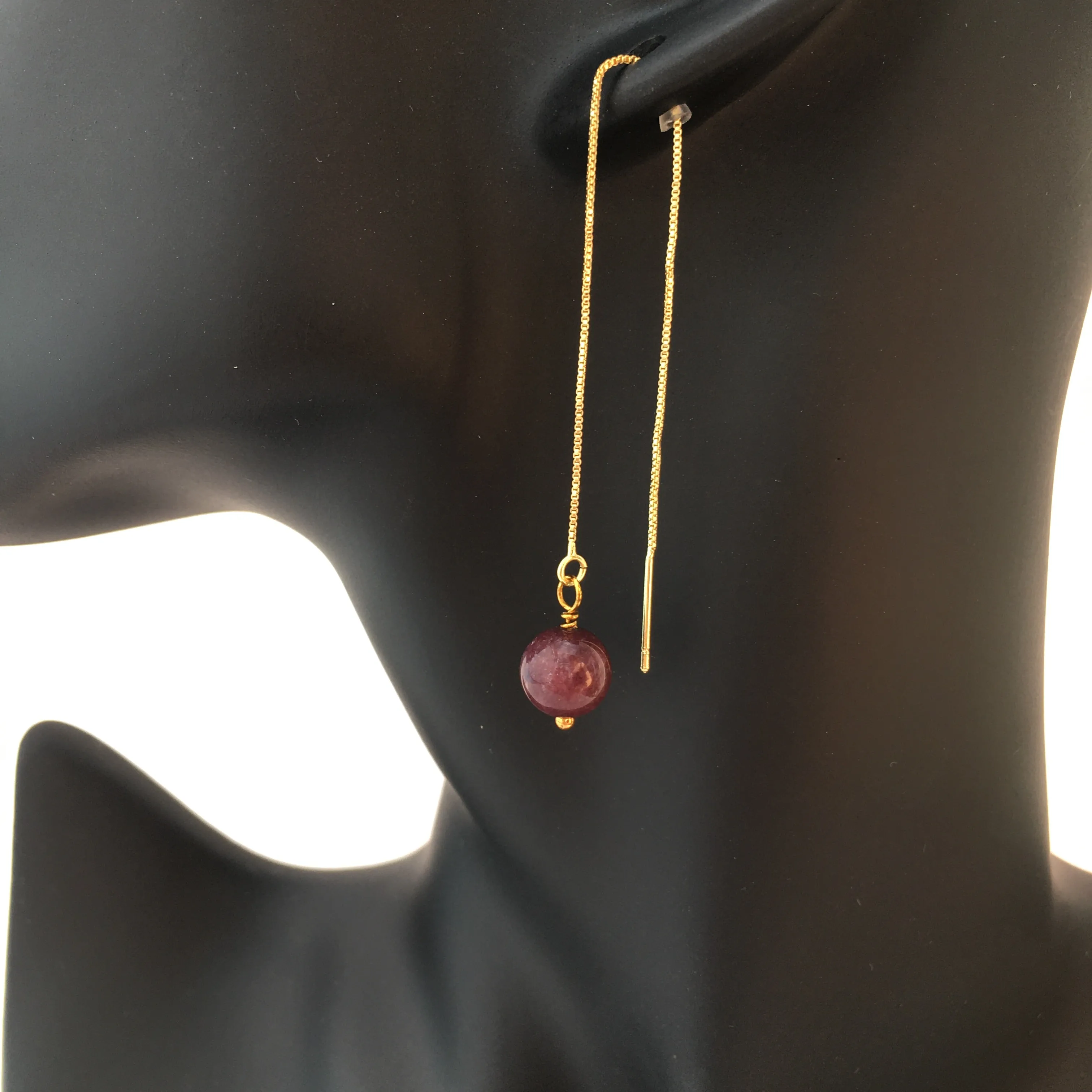 Genuine Natural Lepidolite Gold Plated Threader Earrings, Pair