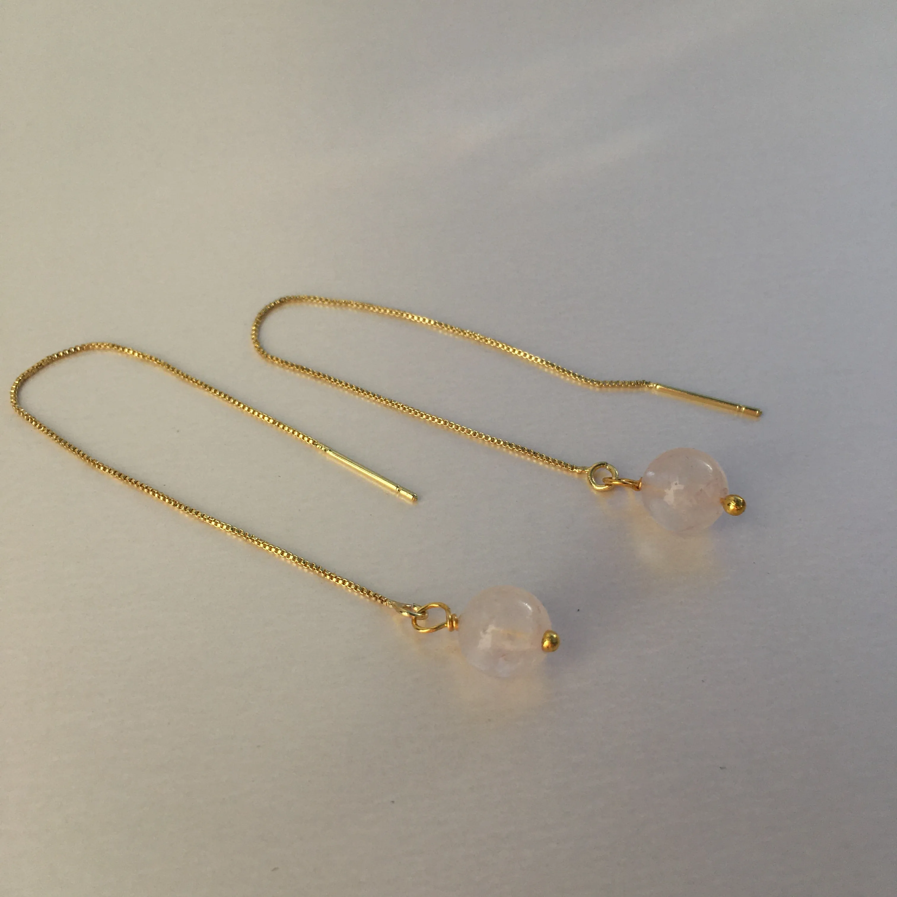 Genuine Rose Quartz Gold Plated Threader Earrings, Pair