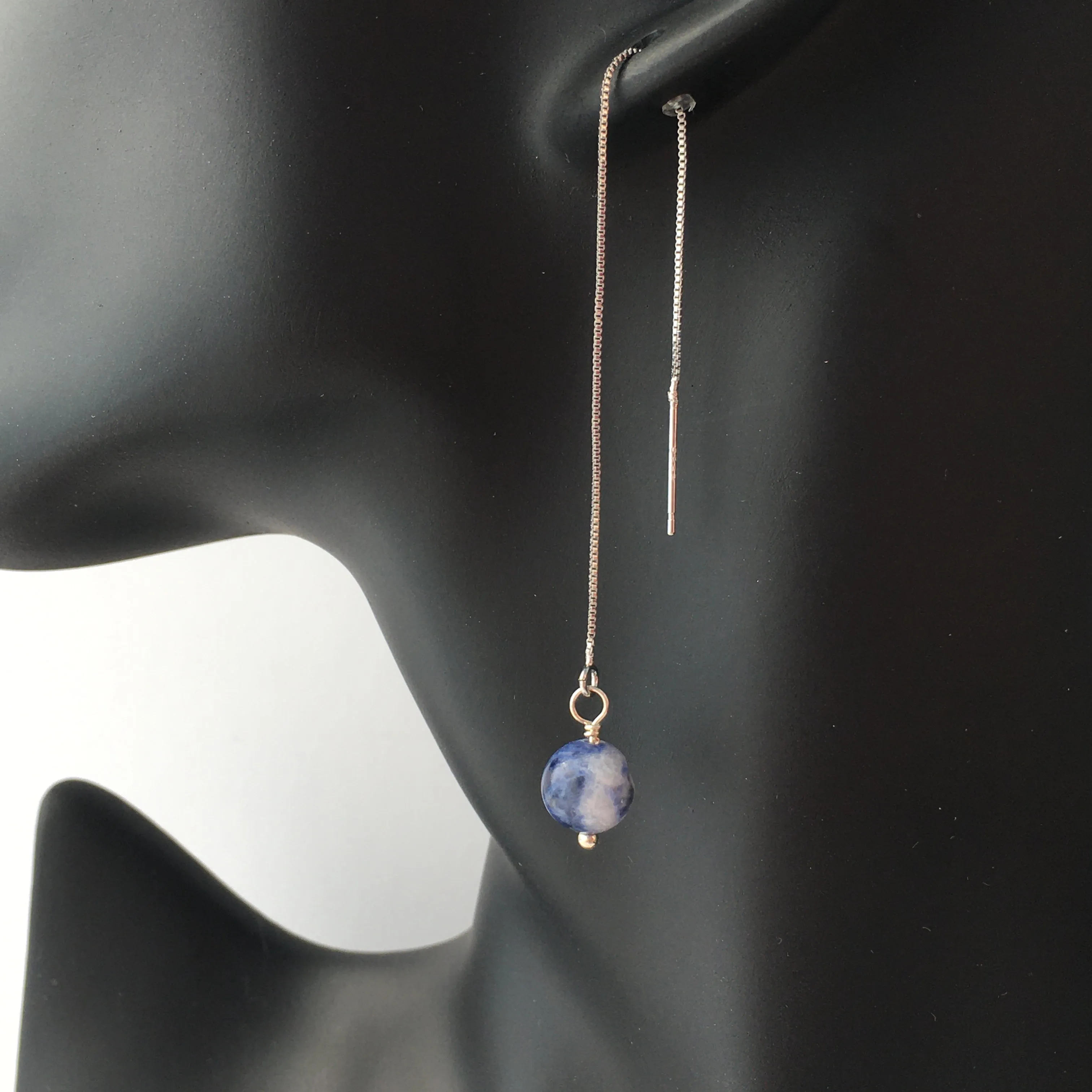 Genuine Sodalite Silver Plated Threader Earrings, Pair