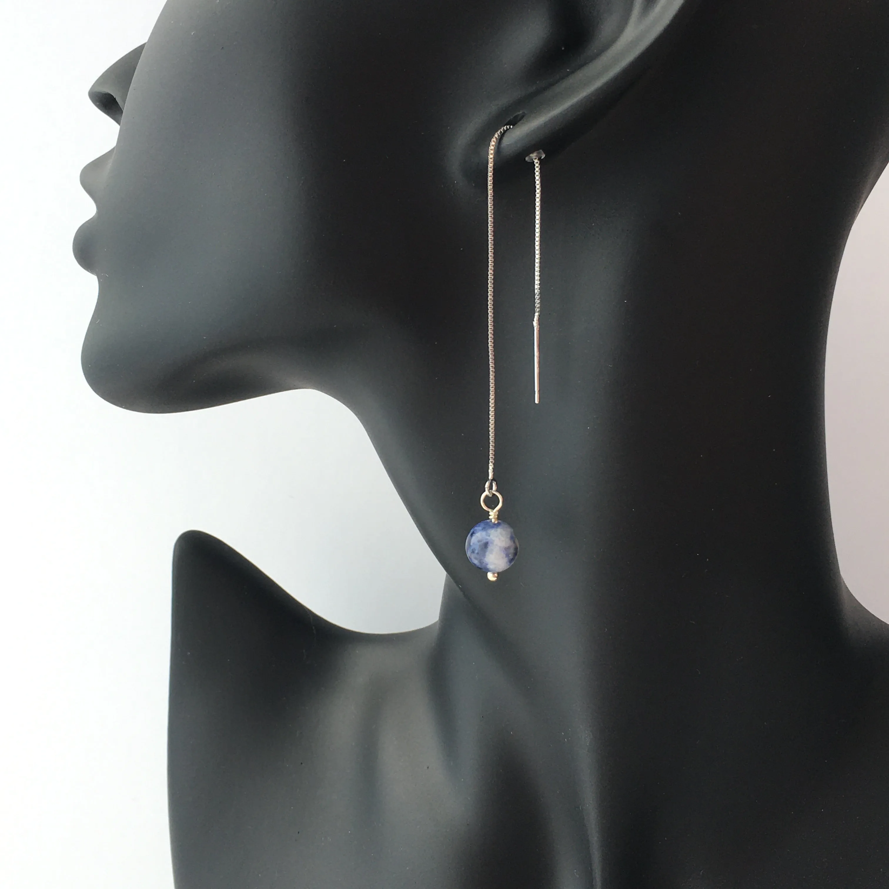 Genuine Sodalite Silver Plated Threader Earrings, Pair