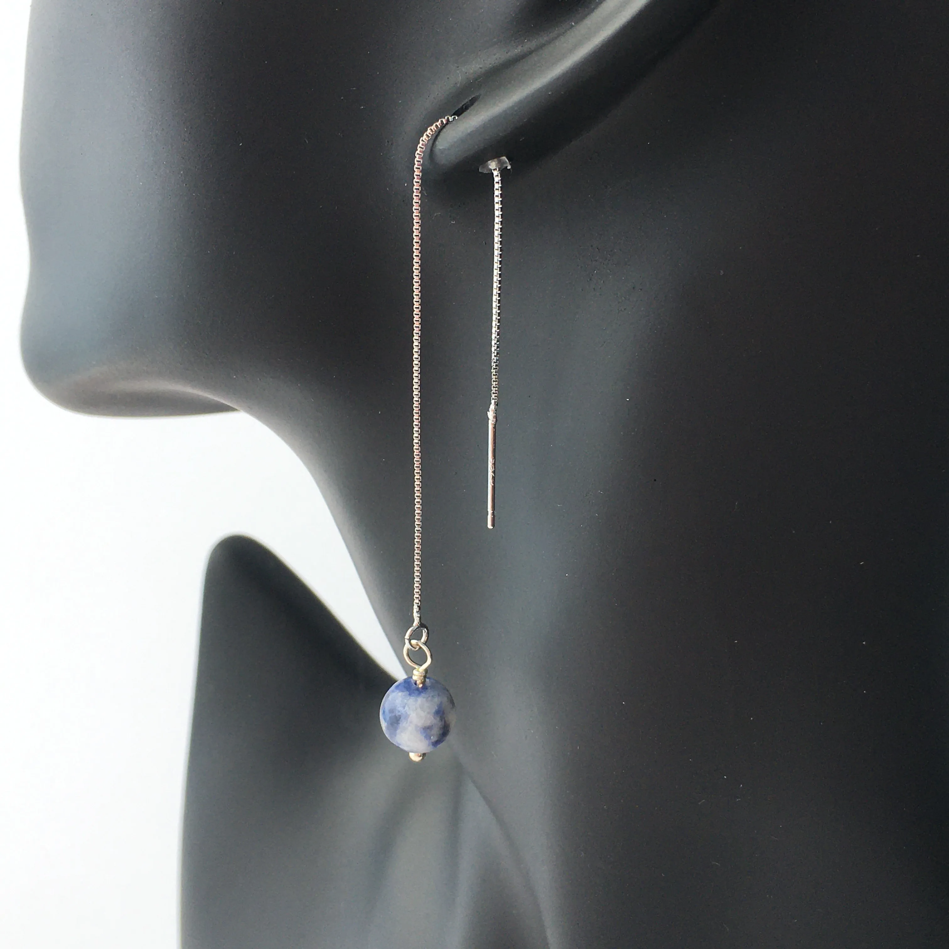 Genuine Sodalite Silver Plated Threader Earrings, Pair