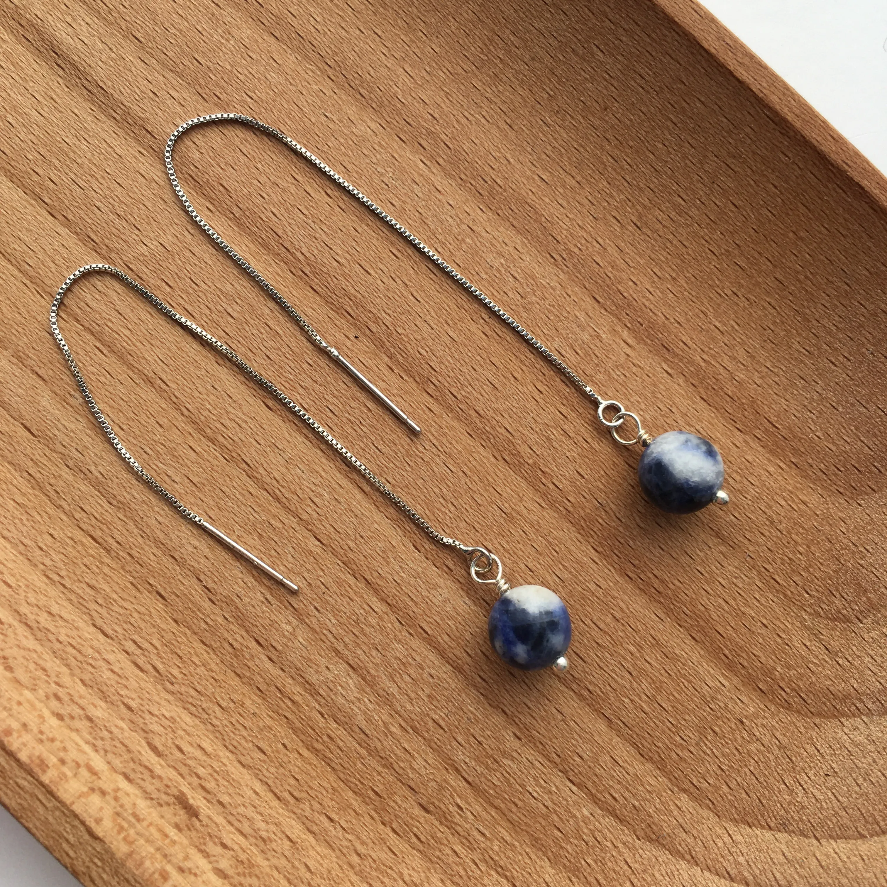 Genuine Sodalite Silver Plated Threader Earrings, Pair