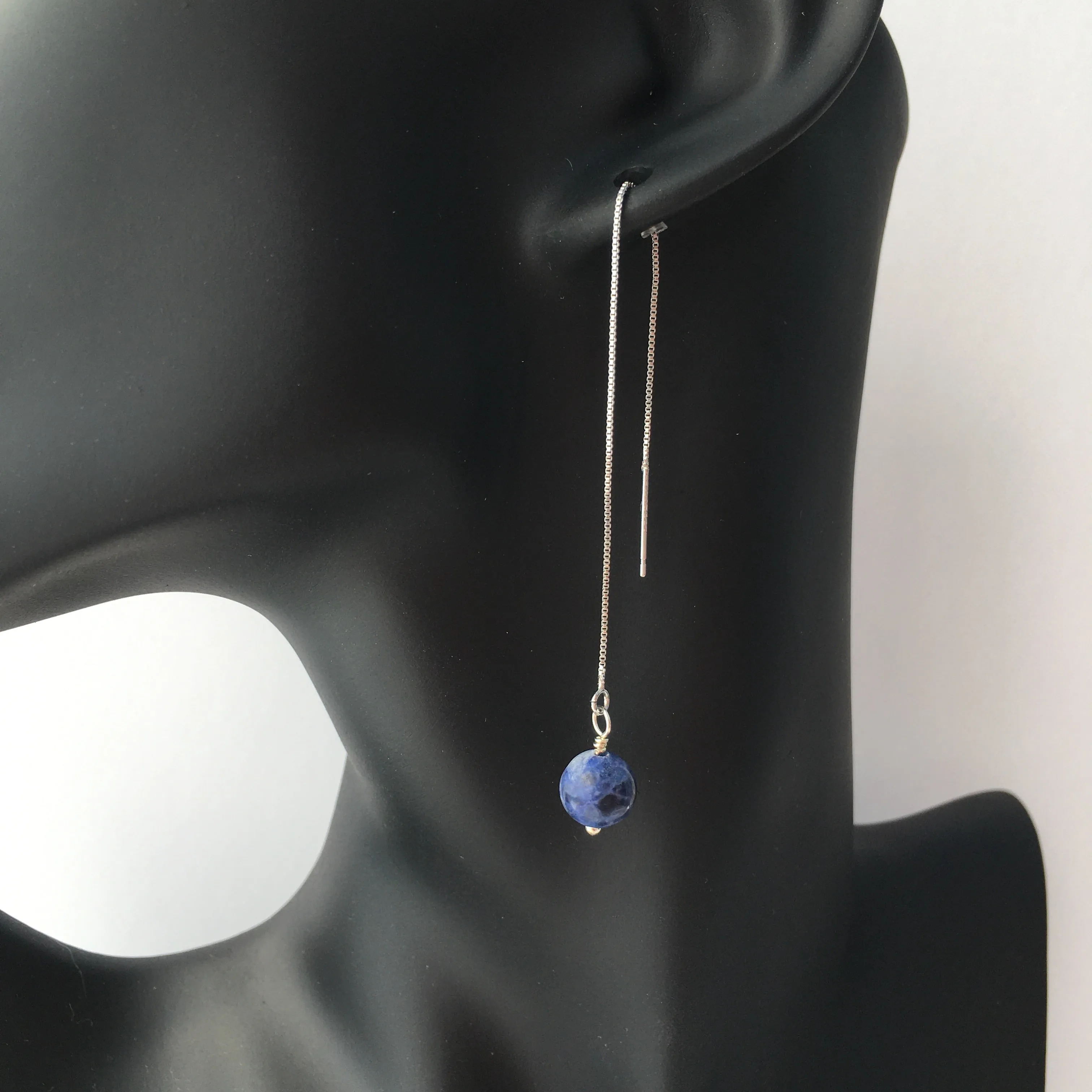 Genuine Sodalite Silver Plated Threader Earrings, Pair