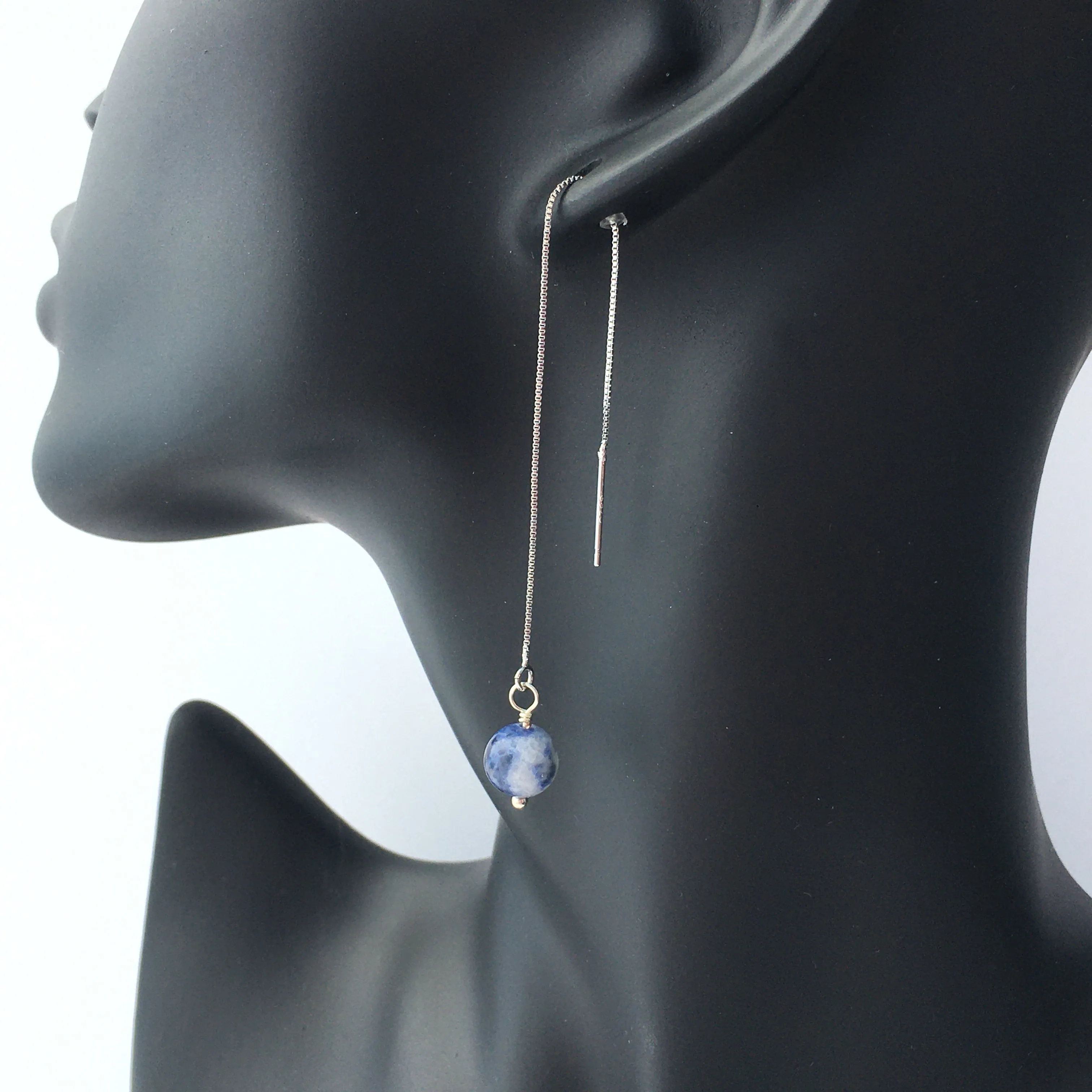 Genuine Sodalite Silver Plated Threader Earrings, Pair