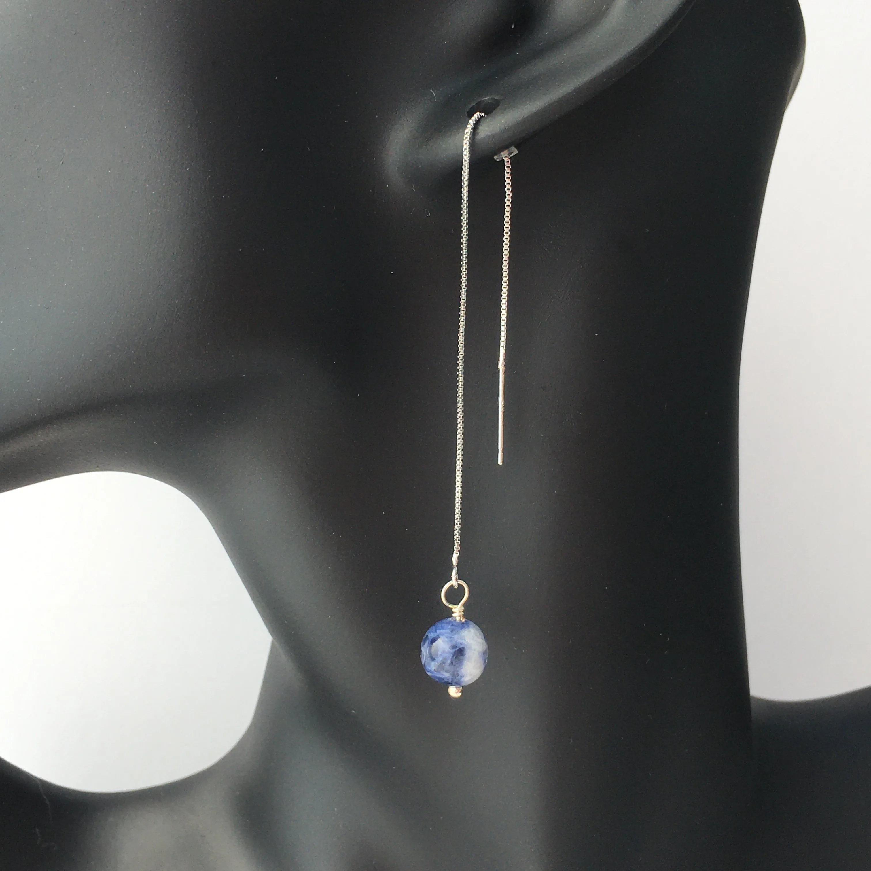 Genuine Sodalite Silver Plated Threader Earrings, Pair