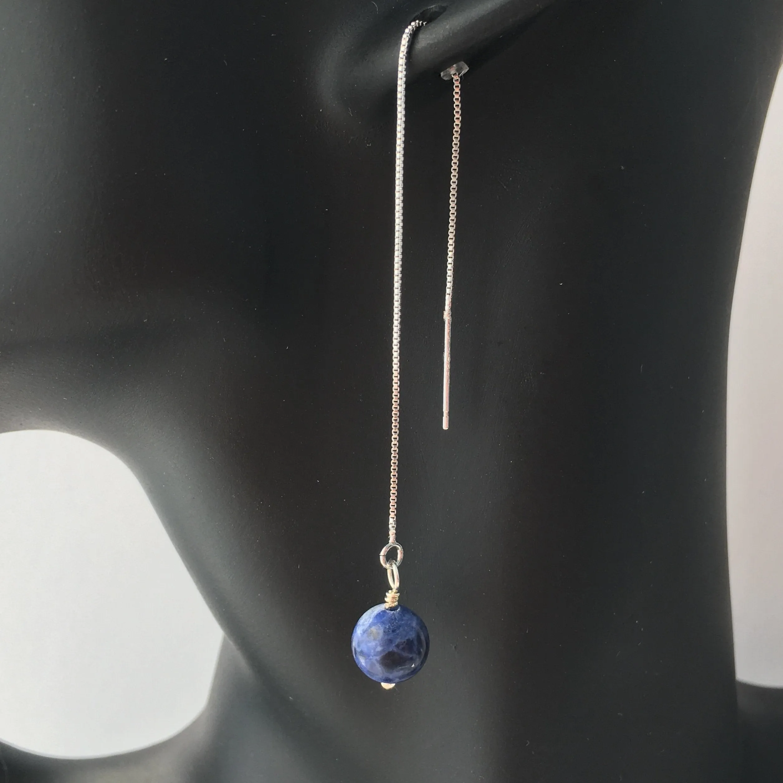 Genuine Sodalite Silver Plated Threader Earrings, Pair