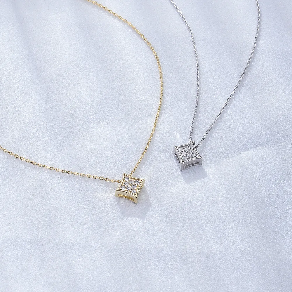 Geometric Square with Zircon Pendant Sterling Silver Collarbone Necklace for Women