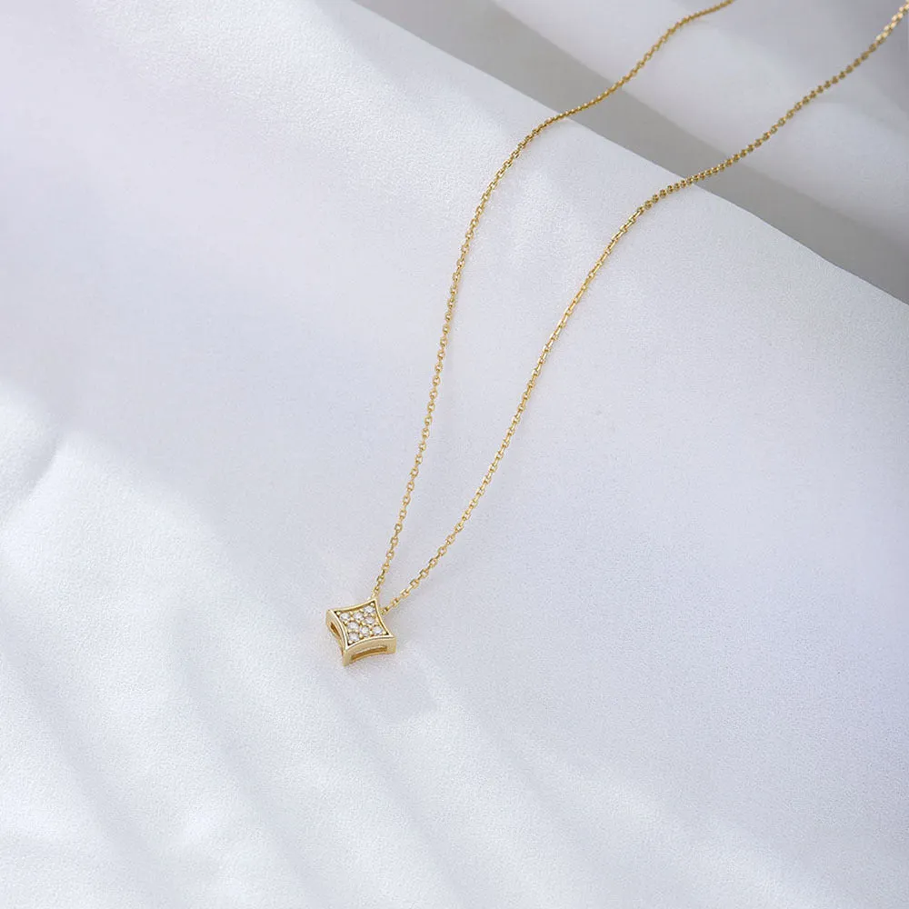 Geometric Square with Zircon Pendant Sterling Silver Collarbone Necklace for Women