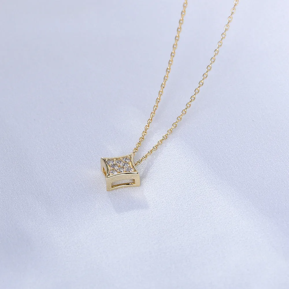 Geometric Square with Zircon Pendant Sterling Silver Collarbone Necklace for Women