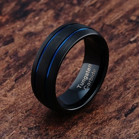 100S JEWELRY Engravable Black Dome Band Blue Double Groove Men's Tungsten Wedding Rings Size 6-16 Elegant Touch
