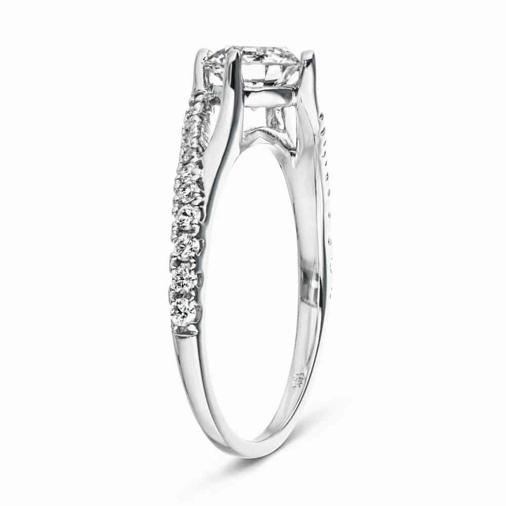 Gianna Round Lab Grown Diamond Split Shank Flame Side Stone Engagement Ring Shiny Feature Subtle Look
