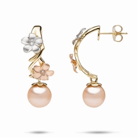 Pearls in Bloom Plumeria Peach Freshwater Pearl Earrings in Tri Color Gold with Diamonds- 20mm Artisan Flair