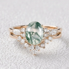 1.5ct Oval Cut Moss Agate Stacking Pearl Engagement Ring Set 2pcs Festive Style Classic Pairing