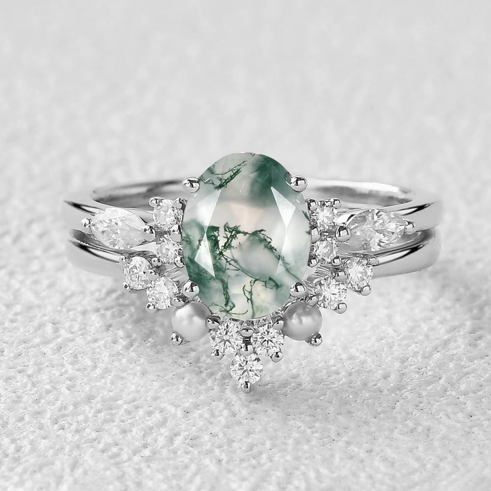 Bridal Ready 1.5ct Oval Cut Moss Agate Stacking Pearl Engagement Ring Set 2pcs