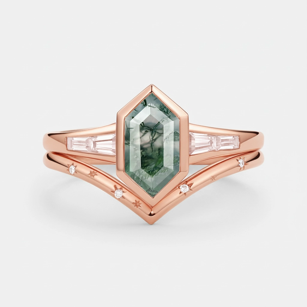 Long Hexagon Moss Agate Minimalist Bridal Ring Set 2pcs Natural Spark