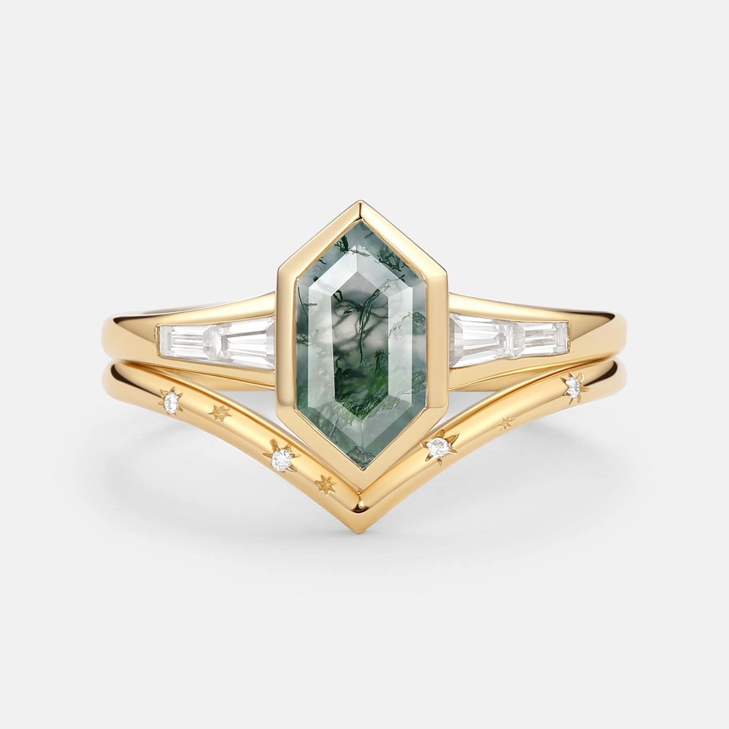 Long Hexagon Moss Agate Minimalist Bridal Ring Set 2pcs Sleek Charm