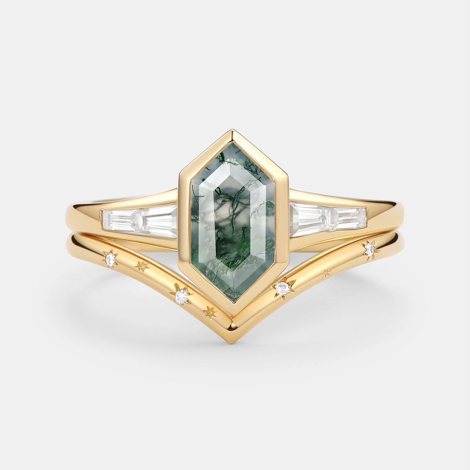 Long Hexagon Moss Agate Minimalist Bridal Ring Set 2pcs Sparkle Ready Minimal Style