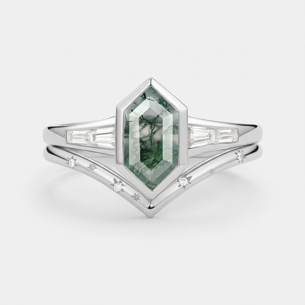 Long Hexagon Moss Agate Minimalist Bridal Ring Set 2pcs Sharp Silhouette
