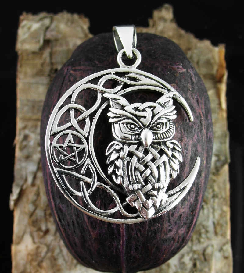 Fine Adornment Trend Detail Celtic Owl With Crescent Moon, Triquetra & Pentagram Pendant