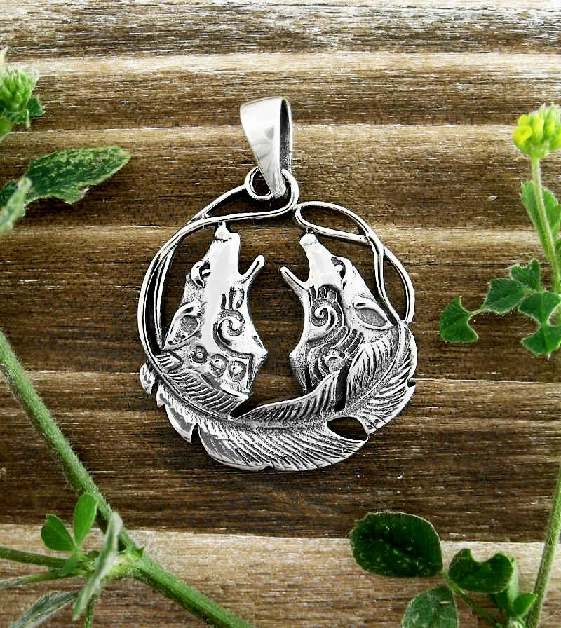 Superior Item college student Pair of Howling Wolves With Feather Tribal Pendant