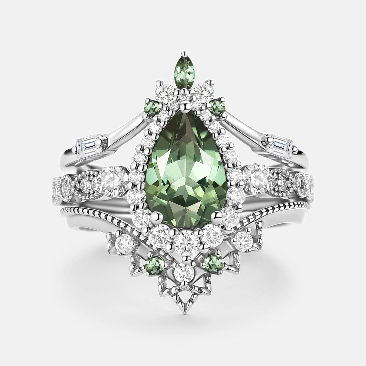 Artistic Highlight Pear Cut Lab Green Sapphire & Pearl Ring Sets 3pcs - Dew