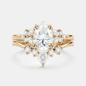 Pear Shaped Moissanite Cluster Chevron Gold Ring Set 2pcs - Cerys Modern Piece