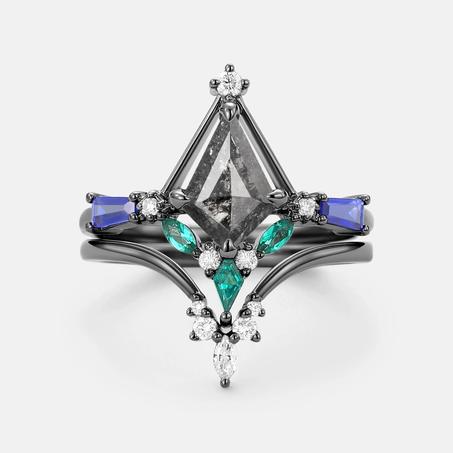 Unique Kite Cut Salt and Pepper Diamond Curved Engagement Ring Set 2pcs Fresh Accent