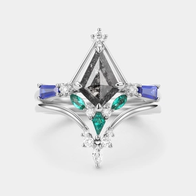 Natural Fit Contemporary Form Unique Kite Cut Salt and Pepper Diamond Curved Engagement Ring Set 2pcs