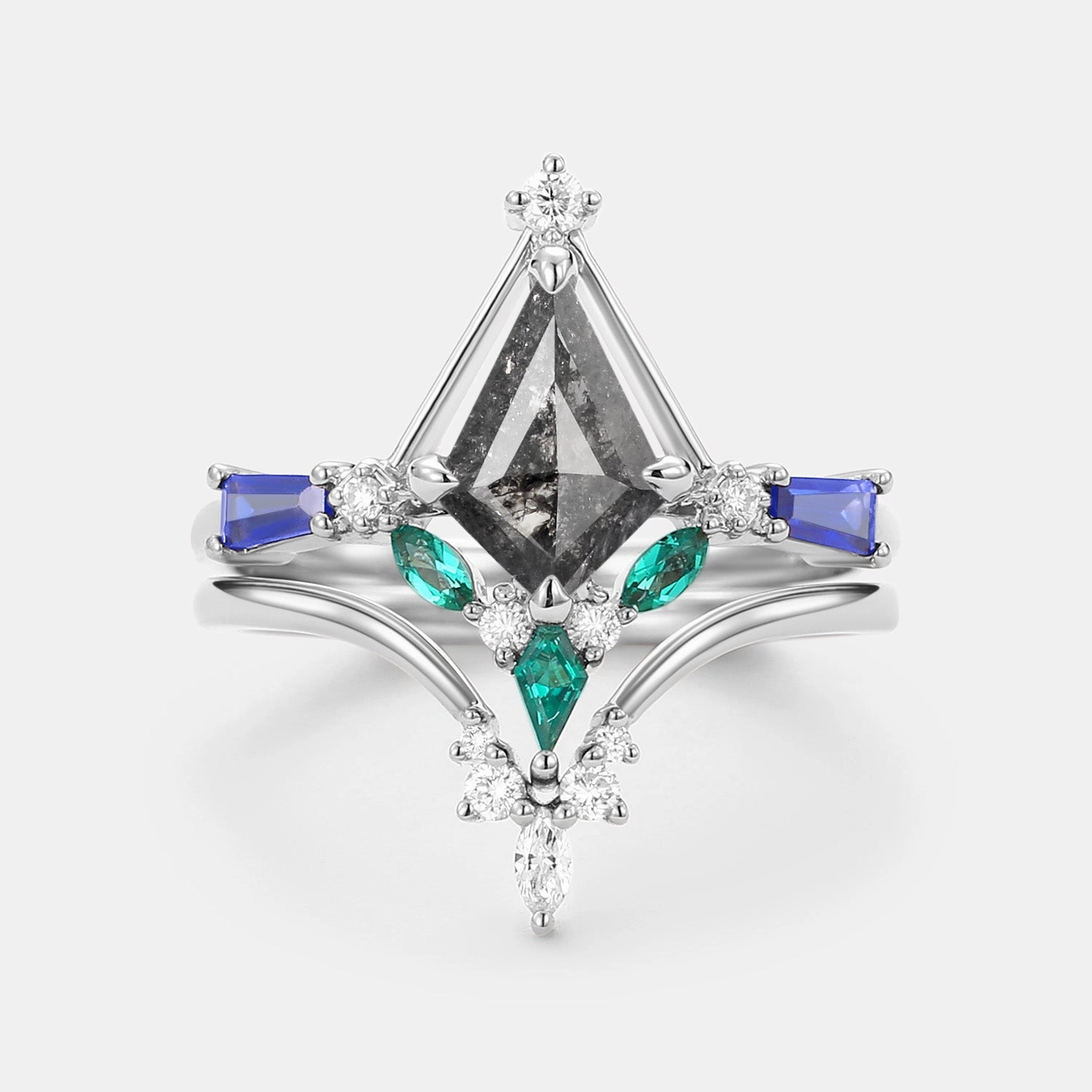 Natural Fit Contemporary Form Unique Kite Cut Salt and Pepper Diamond Curved Engagement Ring Set 2pcs