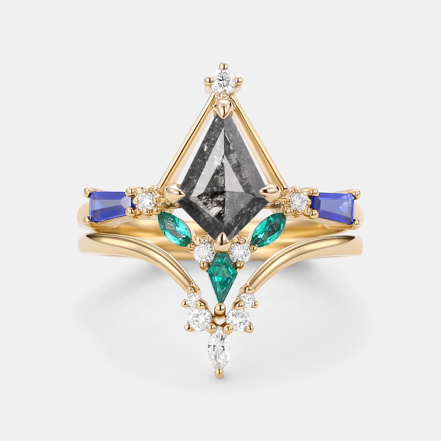 Chic Update Ornate Design Unique Kite Cut Salt and Pepper Diamond Curved Engagement Ring Set 2pcs