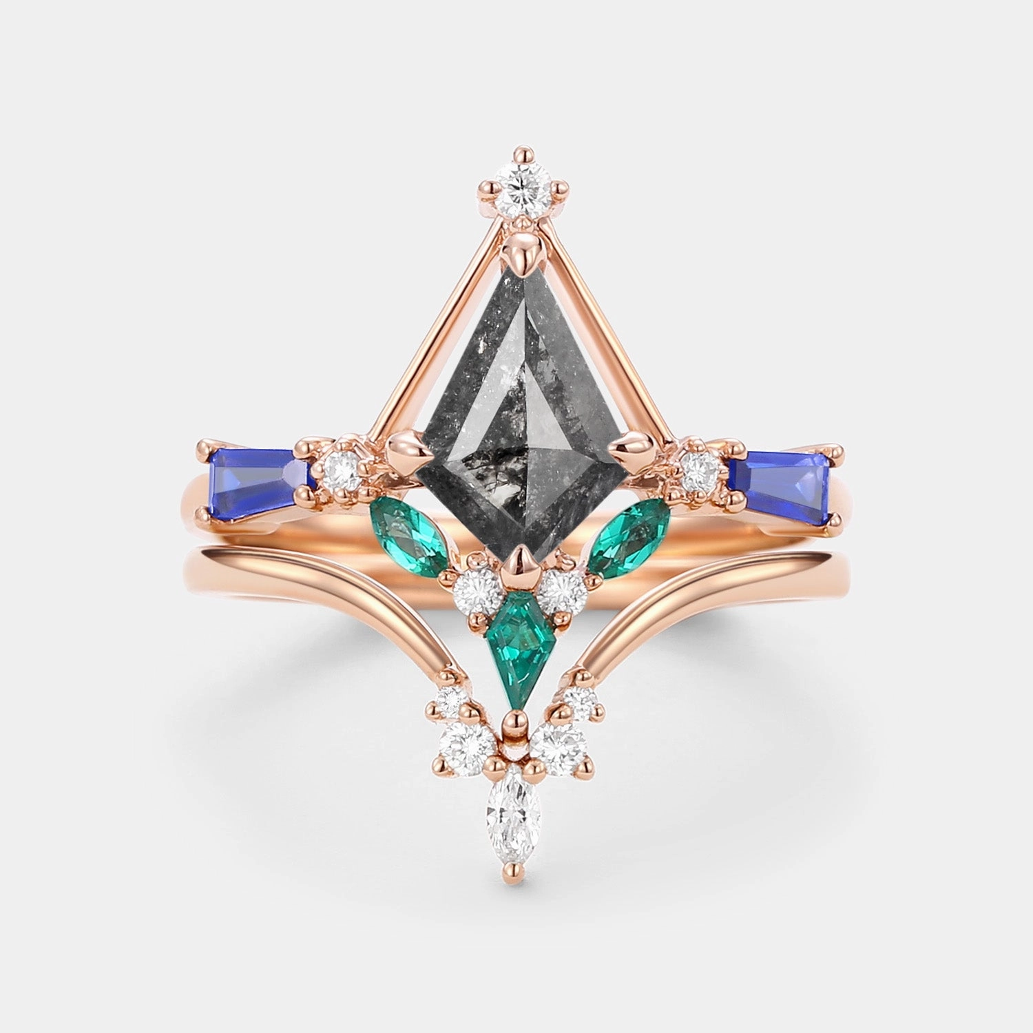 Unique Kite Cut Salt and Pepper Diamond Curved Engagement Ring Set 2pcs Fresh Statement Gleaming Glow