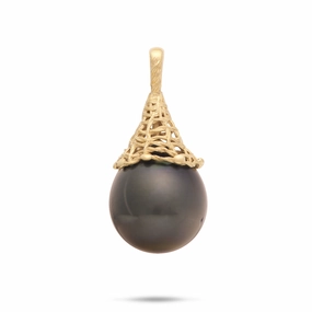Fish Net Tahitian Black Pearl Pendant in Gold - 14-17mm Shiny Embellishment Glamorous Shine