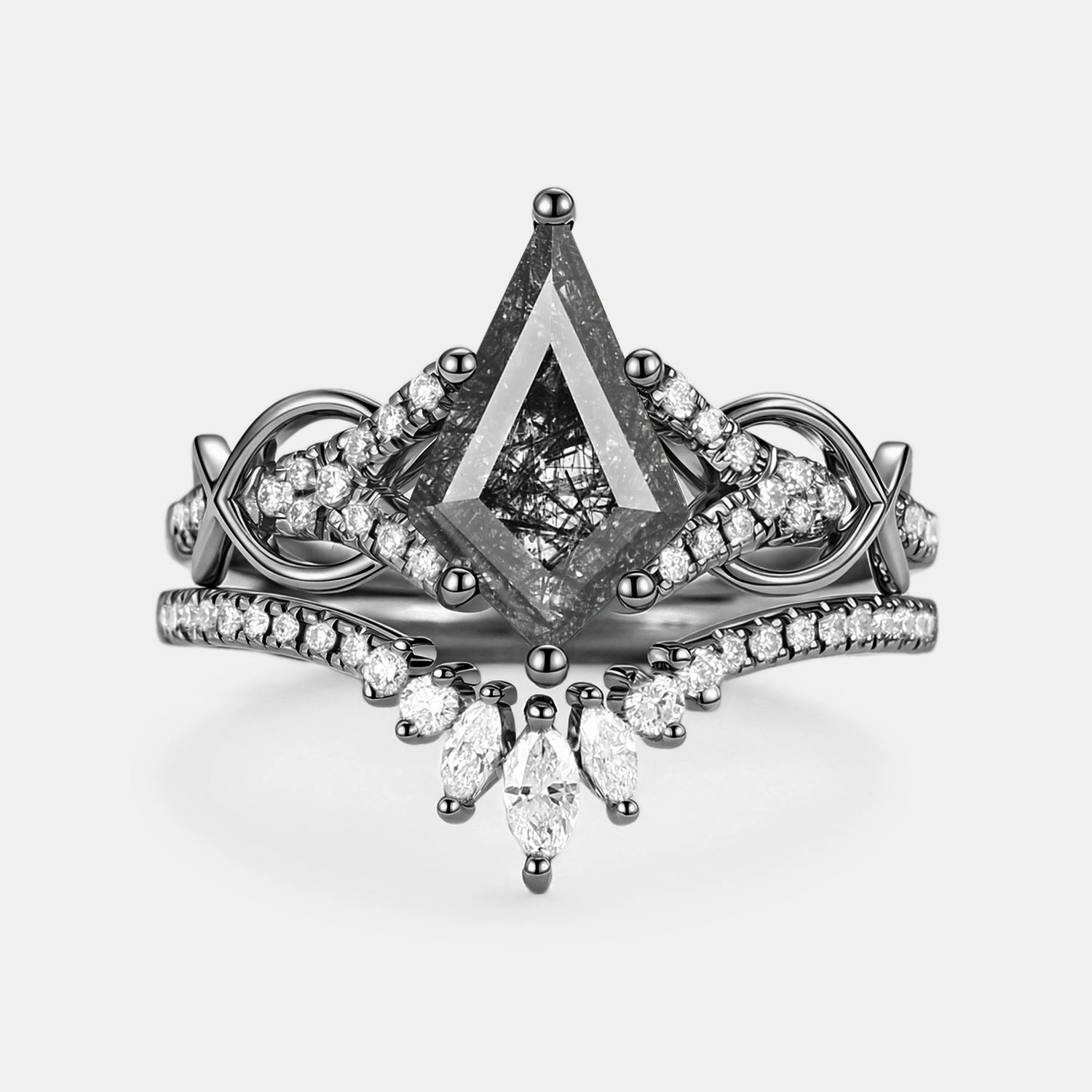 Kite Cut Black Rutilated Quartz Infinity Antique Engagement Ring Set 2pcs Artistic Creation