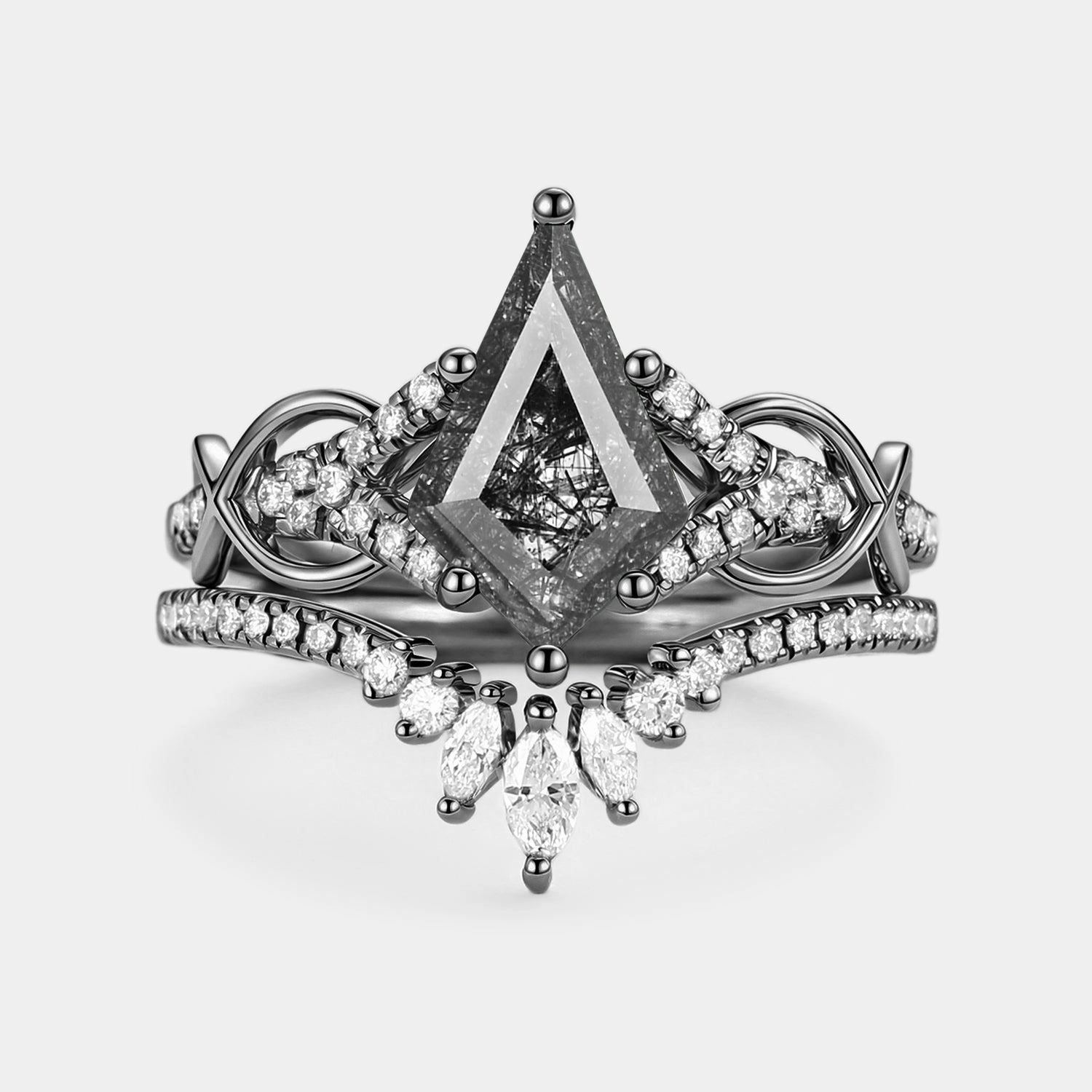 Handmade Elegance Kite Cut Black Rutilated Quartz Infinity Antique Engagement Ring Set 2pcs