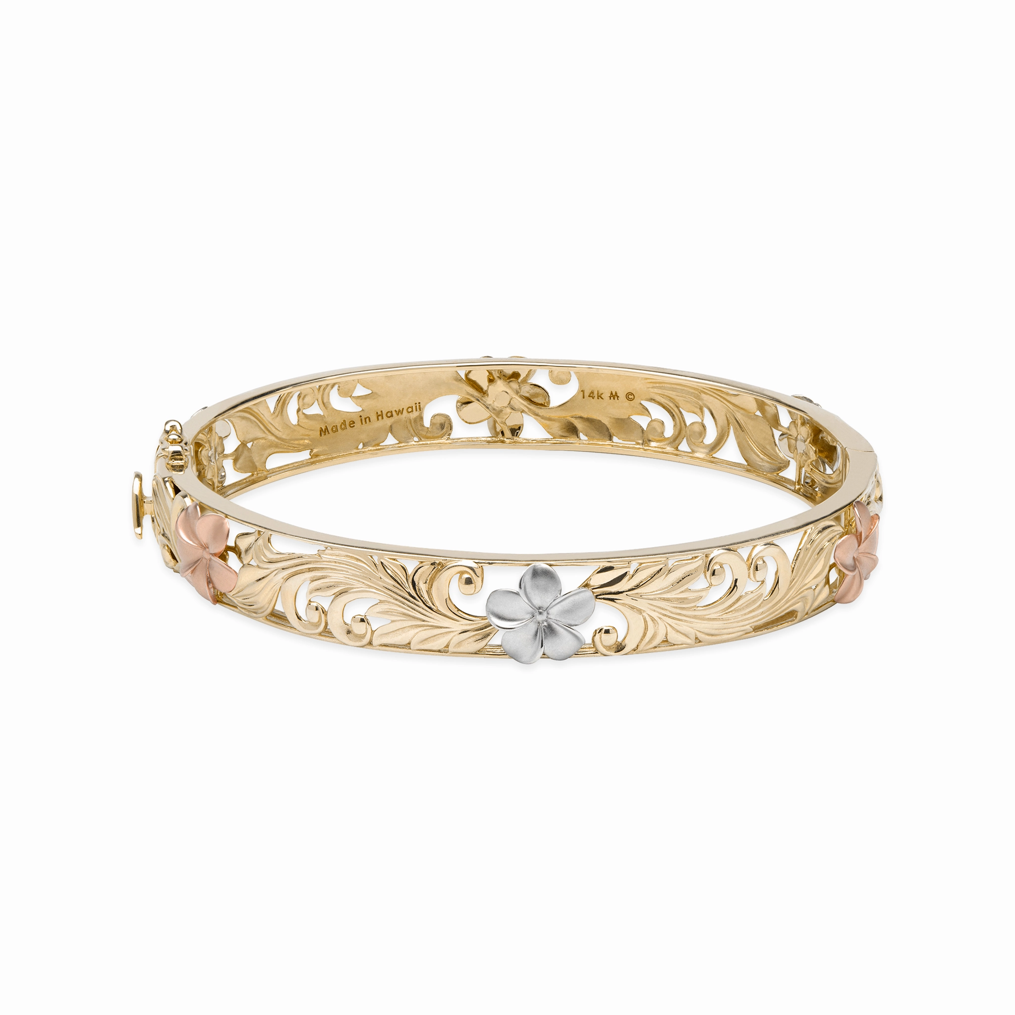 Hawaiian Heirloom Plumeria Hinge Bracelet in Tri Color Gold - 10mm Delicate Flash Trendy Outfit
