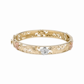 Hawaiian Heirloom Plumeria Hinge Bracelet in Tri Color Gold - 10mm Delicate Flash Trendy Outfit